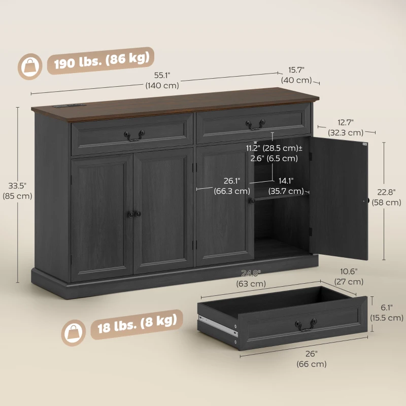 HOMCOM Buffet Cabinet, 55" Farmhouse Sideboard with Charging Station, 2 Drawers and 2 Adjustable Shelves, Black Wood Grain