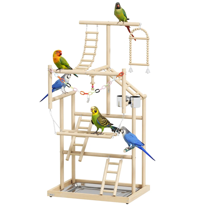 PawHut Bird Playground, 4 Layer Wooden Play Stand with Ladders, Chain Toy, Stainless Steel Cups and Tray for Small Birds