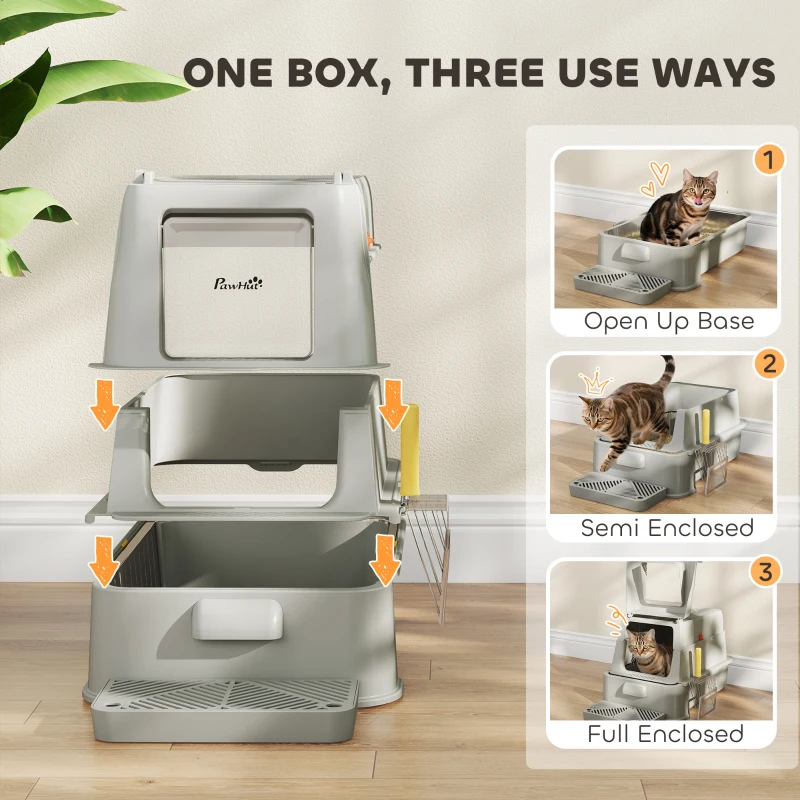 PawHut 80L XL Stainless Steel Cat Litter Box for Big Cats with Flip Cover, Pull-Out Drawer Tray, High Sided, Pedal, Light Grey