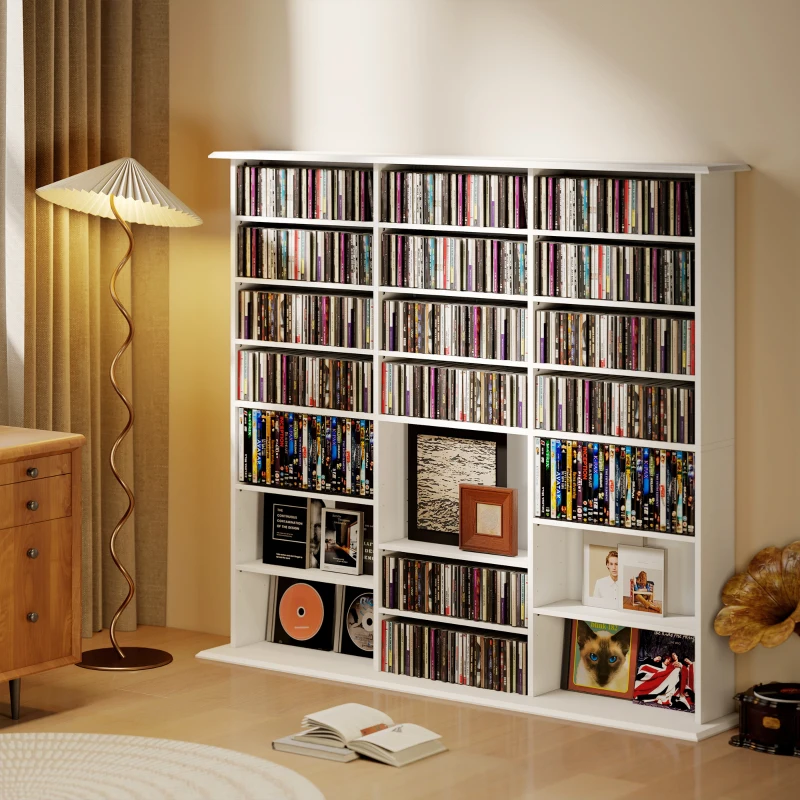 HOMCOM Media Storage Cabinet, 8-Tier DVD Shelf with 18 Adjustable Shelves, Holds 1032 CDs, 594 DVDs or Blu-rays, White