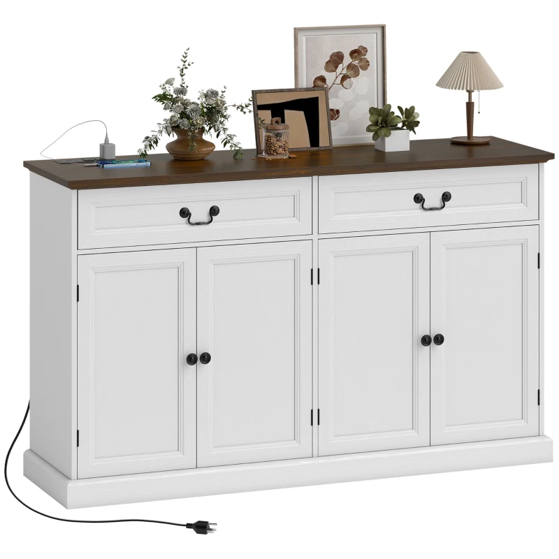 HOMCOM Buffet Cabinet, 55" Farmhouse Sideboard with Charging Station, 2 Drawers and 2 Adjustable Shelves, White Wood Grain