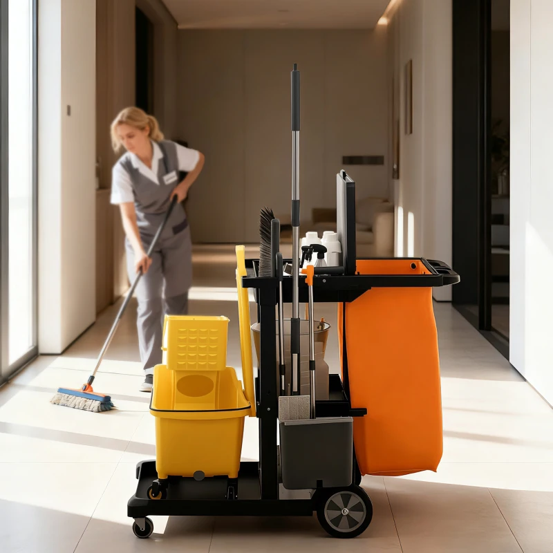 HOMCOM Commercial Janitorial Cart with 3 Tier Shelves, Cleaning Cart with Rubbish Bag and Mop Mount for Hotel Restaurant, Black