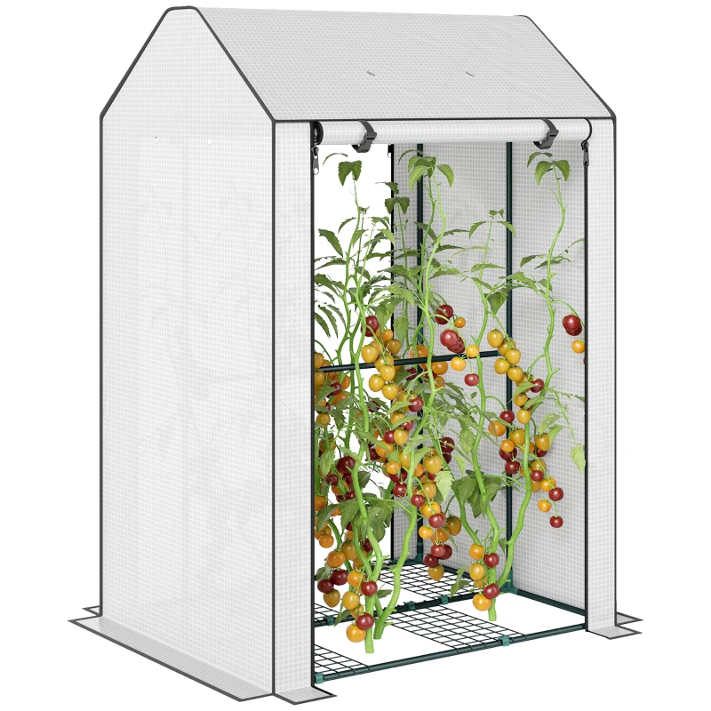 Outsunny Mini Greenhouse with 4 Wire Shelves, Portable Tomato Greenhouse with Roll Up Door, 39.4" x 31.5" x 59.1", White