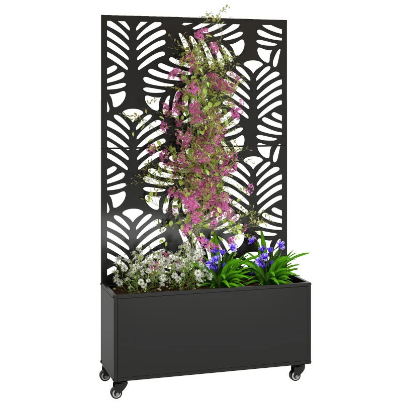 Outsunny Metal Planter Box with Trellis, Raised Garden Bed with Monstera Leaf Cut-Out Privacy Screen and Wheels