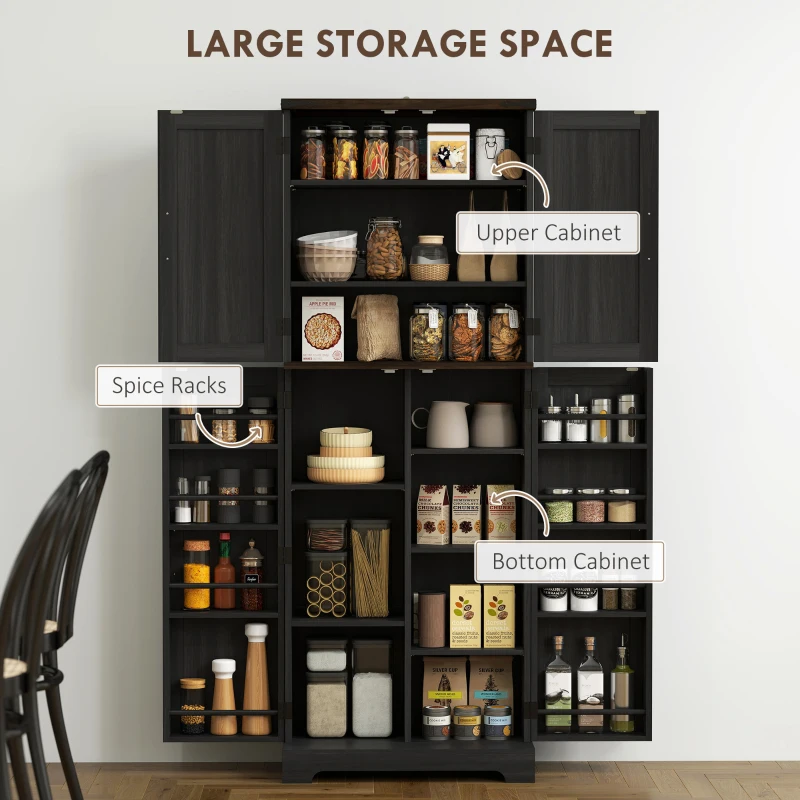 HOMCOM 64" Tall Kitchen Pantry Cabinet with Spice Racks and Adjustable Shelves, Black Wood Grain