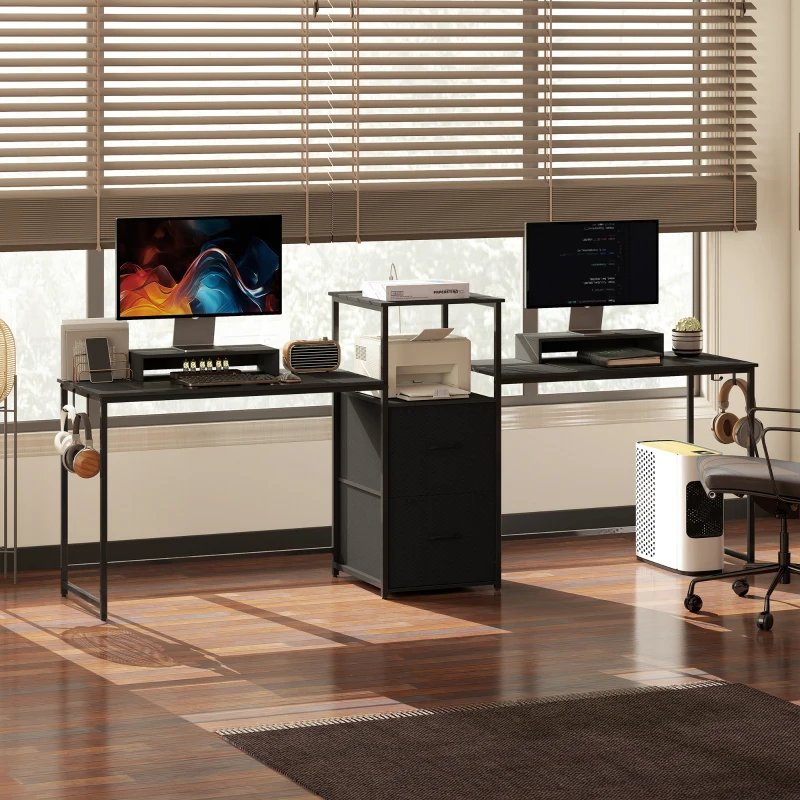 HOMCOM 96 Inch Gaming Desk, Dual Computer Desk for 2 Person with Power Outlets and Monitor Stands, Black