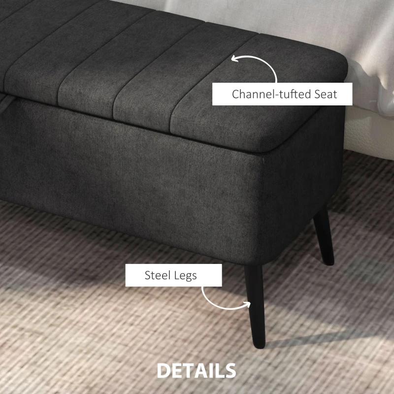 HOMCOM 40" Ottoman with Storage, Linen Upholstered Storage Ottoman Bench with Steel Legs for Living Room, Bedroom Black