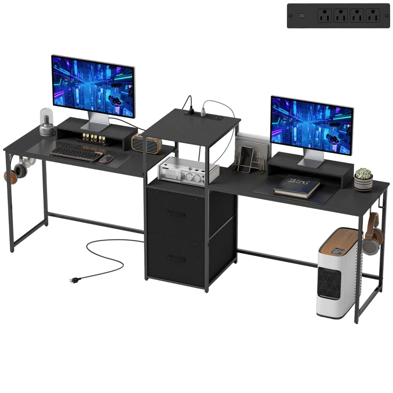 HOMCOM 96 Inch Gaming Desk, Dual Computer Desk for 2 Person with Power Outlets and Monitor Stands, Black