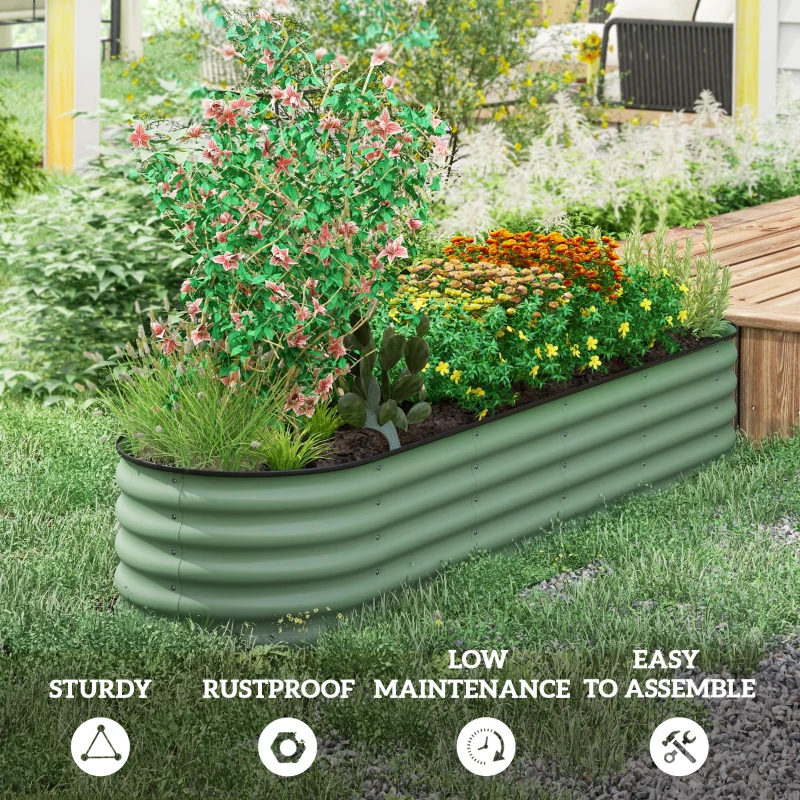 Outsunny 8 x 2 x 1.5 FT Galvanized Steel Raised Garden Bed, Metal Garden Bed Planter Box with Safety Edging, Green