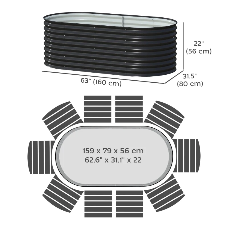 Outsunny 5 x 2.5 x 2 ft Galvanized Raised Garden Bed, Easy DIY Oval Planter Box with Safety Edging and Gloves, Black