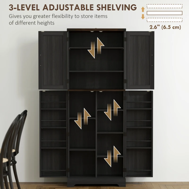 HOMCOM 64" Tall Kitchen Pantry Cabinet with Spice Racks and Adjustable Shelves, Black Wood Grain