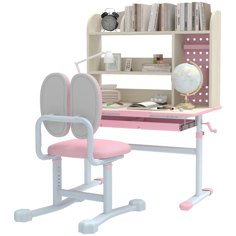 Qaba Kids Desk and Chair Set with Tilt Desktop, Adjustable Height, Drawer and Shelves for Boys Girls Ages 3-12, Pink