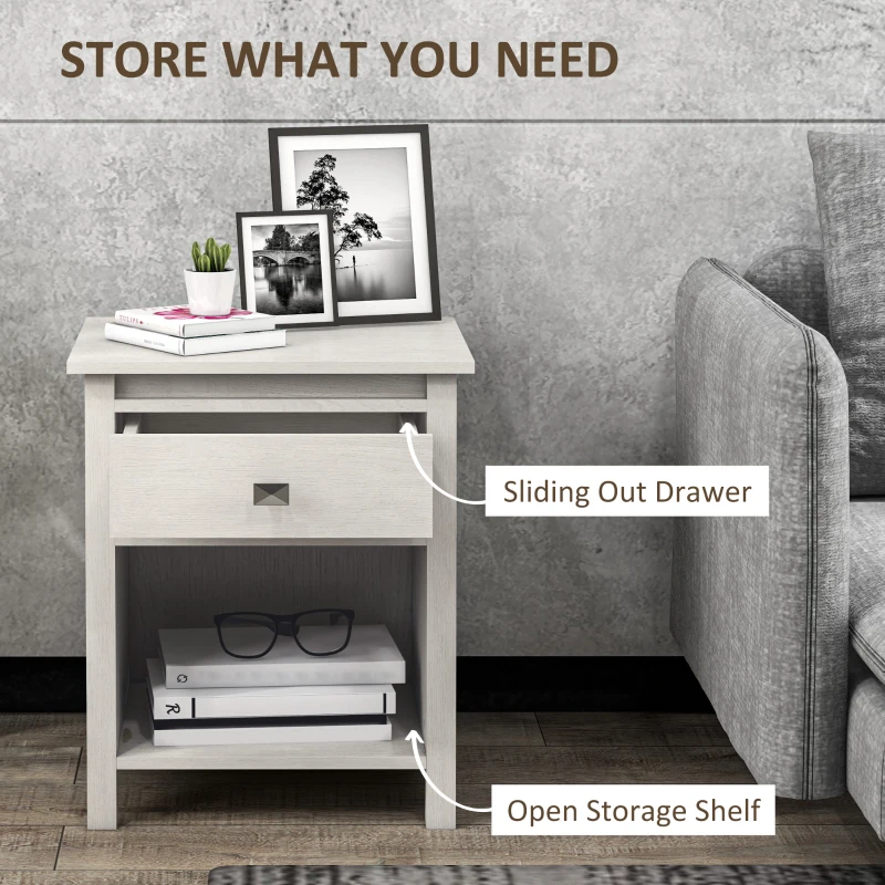 HOMCOM Bedside Table, Farmhouse Nightstand with with Drawer and Storage Shelf, Night Table for Bedroom, White