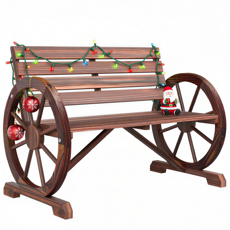 Outsunny Wooden Wagon Wheel Bench Garden Loveseat Rustic Outdoor