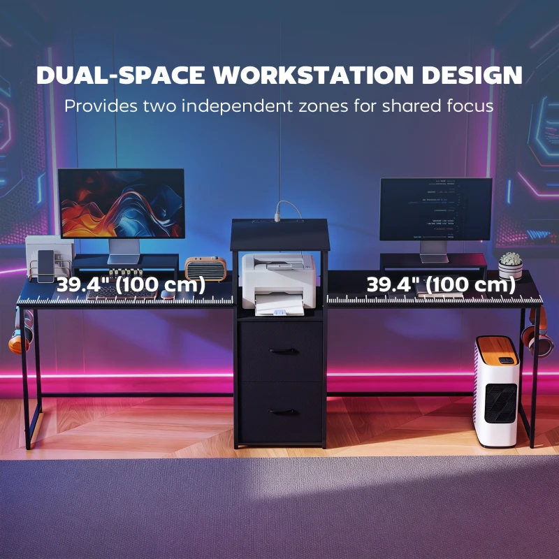 HOMCOM 96 Inch Gaming Desk, Dual Computer Desk for 2 Person with Power Outlets and Monitor Stands, Black
