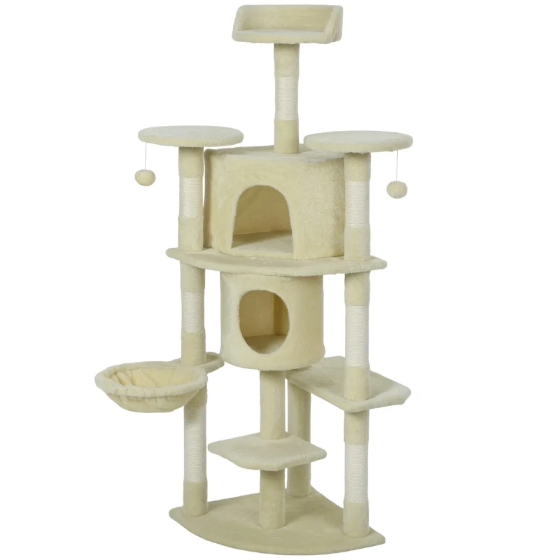 PawHut 62" Cat Tree with Scratching Post, 2 Condos, Hammock, Perches, Plush, Pompoms, for Indoor Cats, Beige