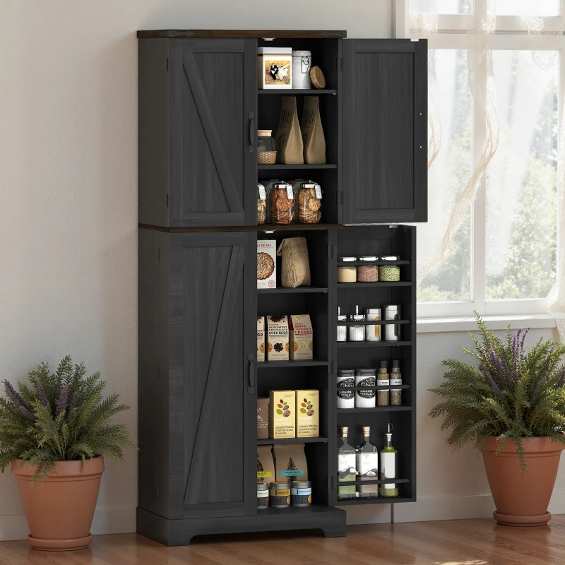 HOMCOM 64" Tall Kitchen Pantry Cabinet with Spice Racks and Adjustable Shelves, Black Wood Grain