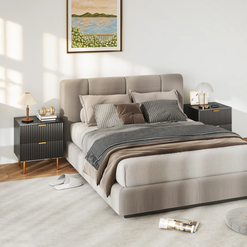 HOMCOM Bedside Table Set of 2, Modern Nightstand with 2 Drawers, Side End Table with Metal Legs for Living Room, Bedroom, Black