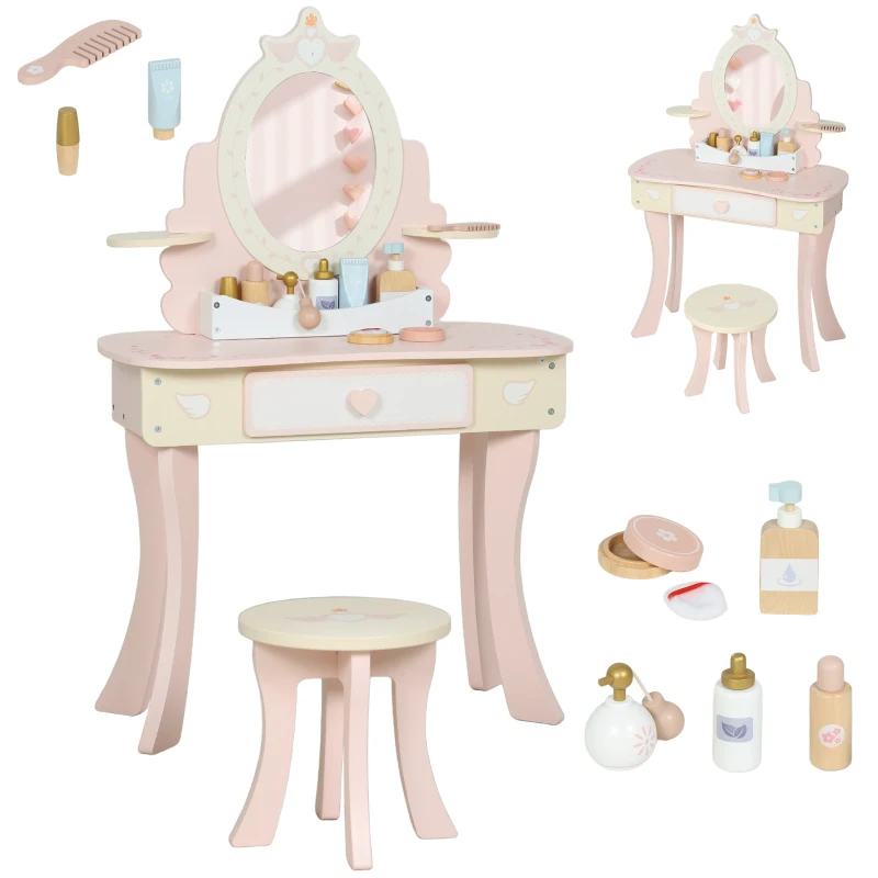 Qaba Kids Vanity Set, Girls Dressing Table with Mirror and Stool, 7 Accessories, Drawers, Desktop Storage, Pink