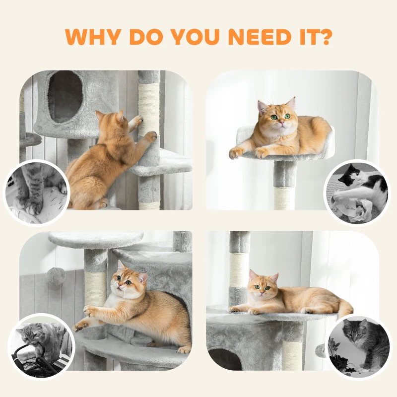 PawHut 62" Cat Tree with Scratching Post, 2 Condos, Hammock, Perches, Plush, Pompoms, for Indoor Cats, Light Grey