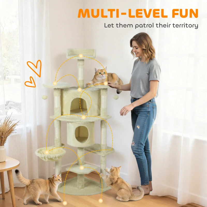 PawHut 62" Cat Tree with Scratching Post, 2 Condos, Hammock, Perches, Plush, Pompoms, for Indoor Cats, Beige