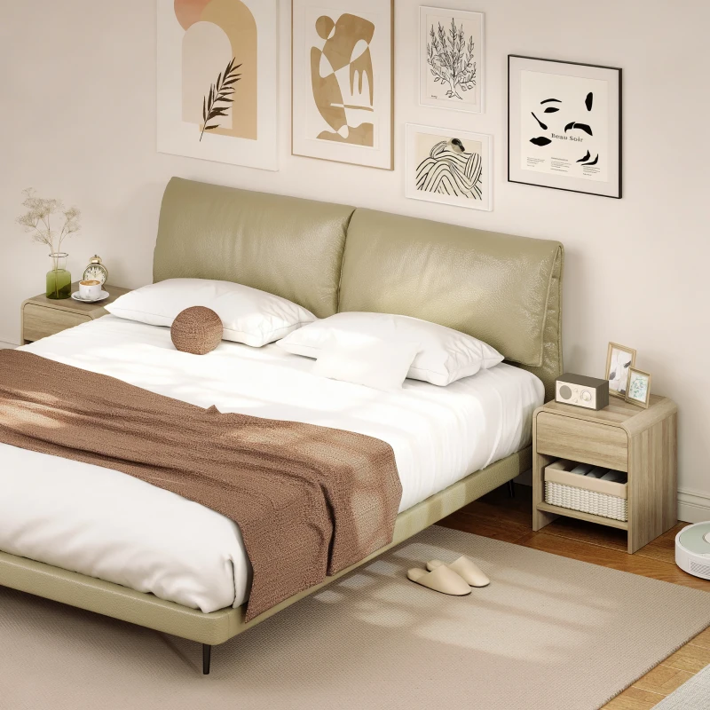 HOMCOM Nightstand Set of 2, Modern Bedside Table with Rounded Corners, Nightstand with Drawer and Open Shelf, Natural Wood