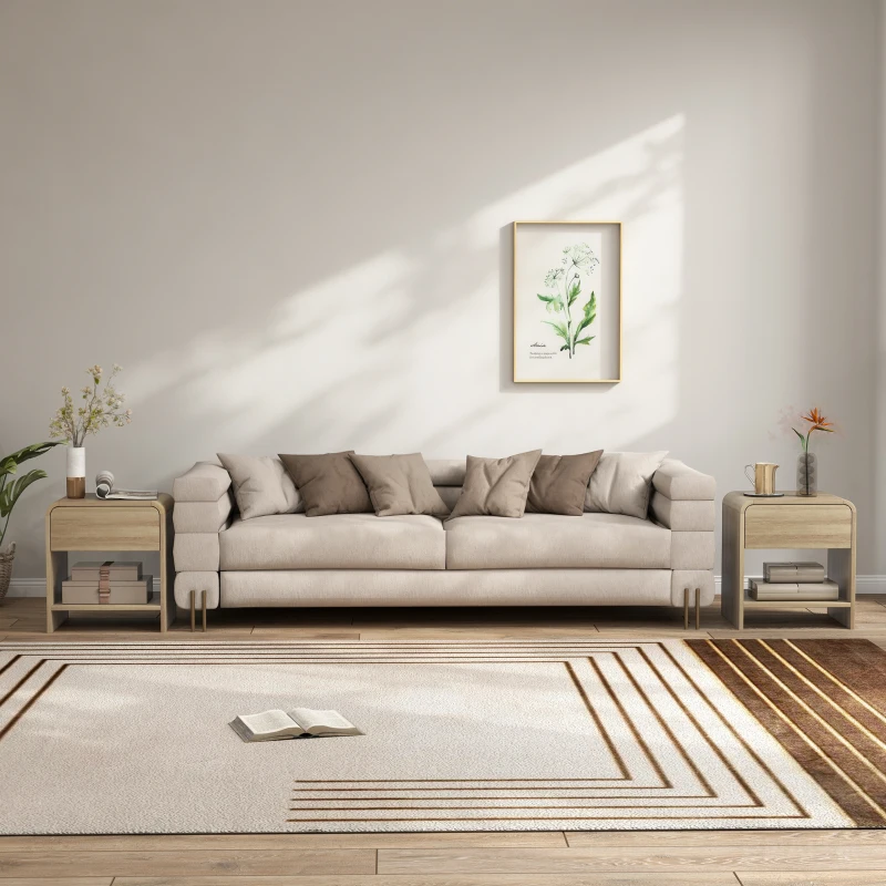 HOMCOM Nightstand Set of 2, Modern Bedside Table with Rounded Corners, Nightstand with Drawer and Open Shelf, Natural Wood