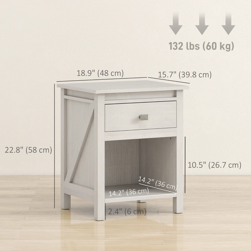 HOMCOM Bedside Table, Farmhouse Nightstand with with Drawer and Storage Shelf, Night Table for Bedroom, White