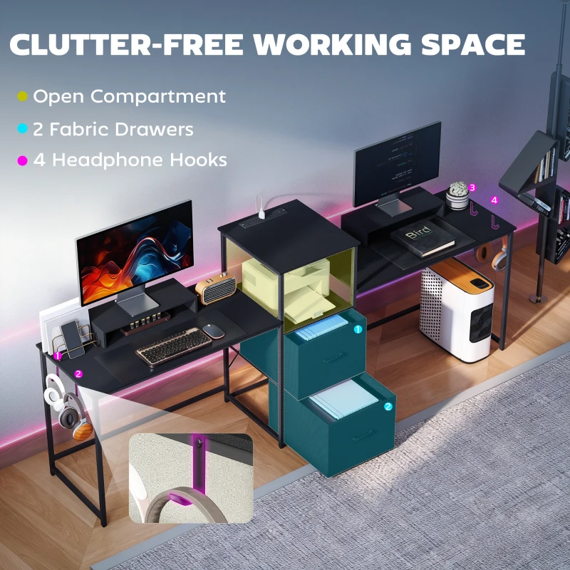 HOMCOM 96 Inch Gaming Desk, Dual Computer Desk for 2 Person with Power Outlets and Monitor Stands, Black