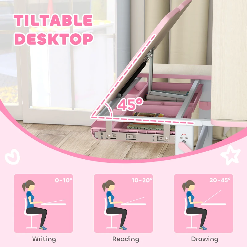 Qaba Kids Desk and Chair Set with Tilt Desktop, Adjustable Height, Drawer and Shelves for Boys Girls Ages 3-12, Pink