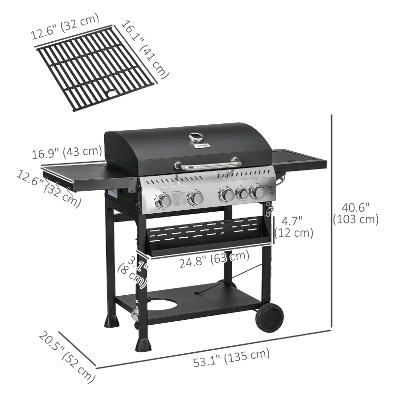 Outsunny 40,000 BTU Propane Gas Grill BBQ Cart with 4 Main Burners, 1 Side Burner, with Warming Rack, Side Prep Tables, Black
