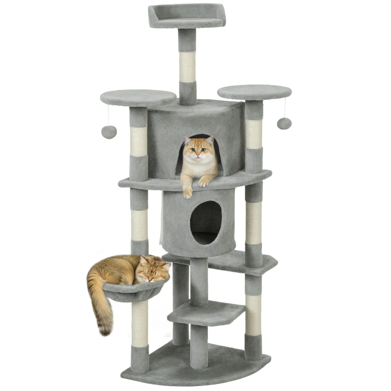 PawHut 62" Cat Tree with Scratching Post, 2 Condos, Hammock, Perches, Plush, Pompoms, for Indoor Cats, Light Grey