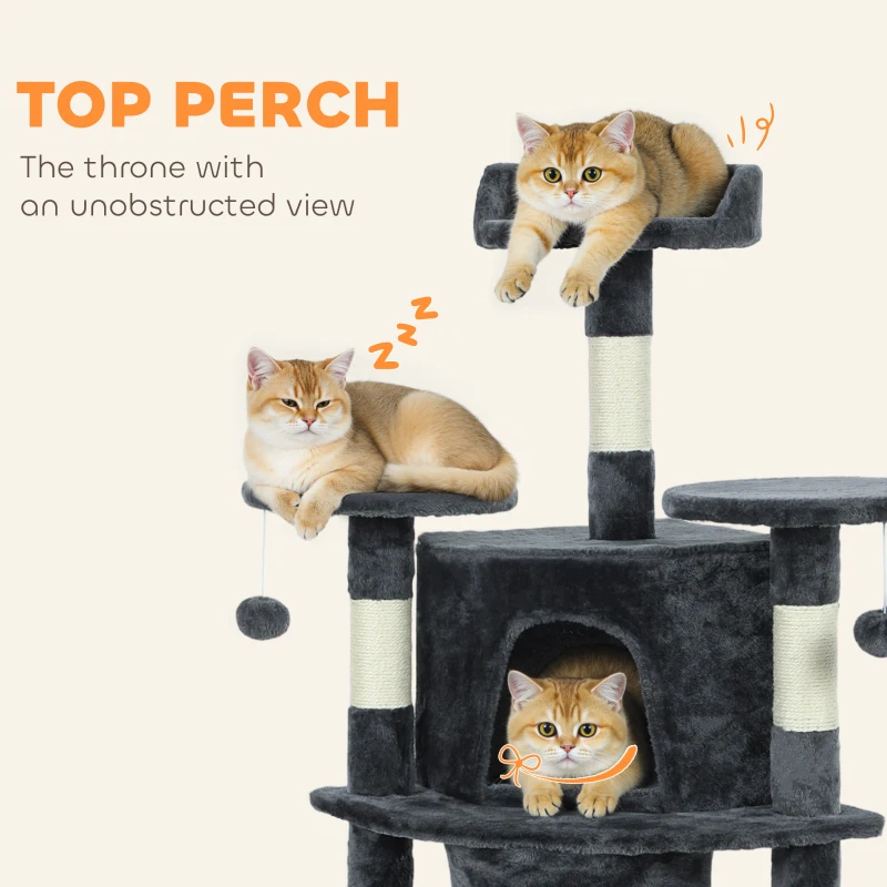 PawHut 62" Cat Tree with Scratching Post, 2 Condos, Hammock, Perches, Plush, Pompoms, for Indoor Cats, Dark Grey