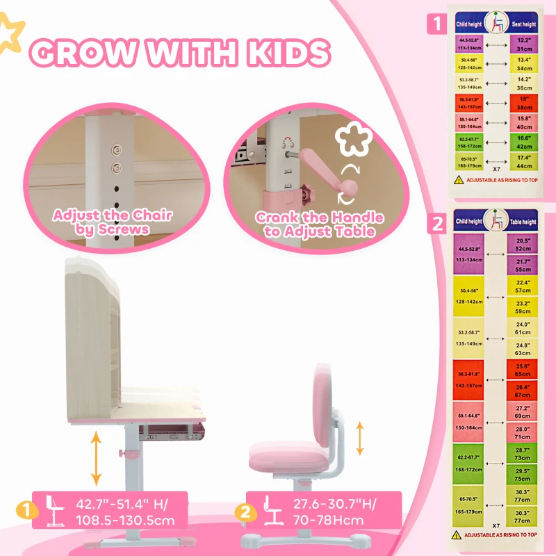 Qaba Kids Desk and Chair Set with Tilt Desktop, Adjustable Height, Drawer and Shelves for Boys Girls Ages 3-12, Pink