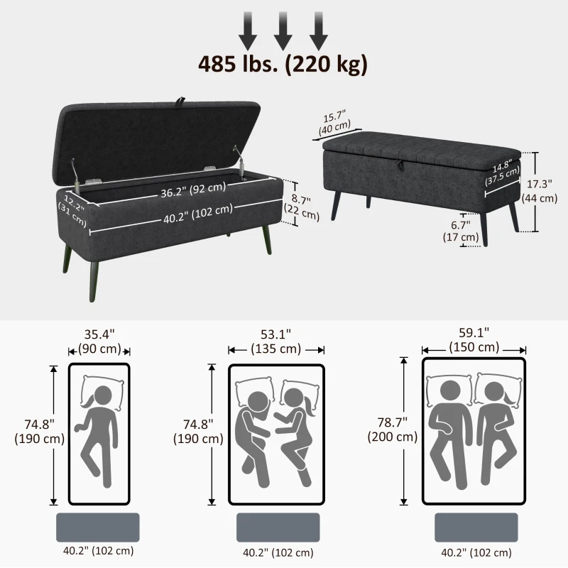 HOMCOM 40" Ottoman with Storage, Linen Upholstered Storage Ottoman Bench with Steel Legs for Living Room, Bedroom Black