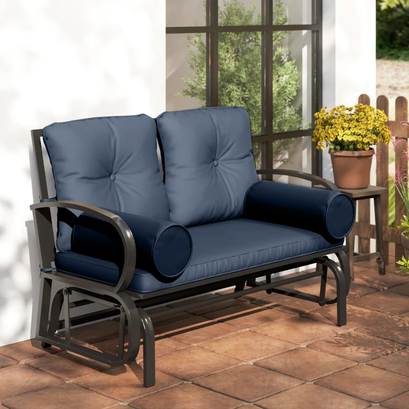 Outsunny Swing Glider Rocking Chair, Double Patio Bench, 2 Person Loveseat with Steel Frame, Cushions, Pillow Armrests, Blue
