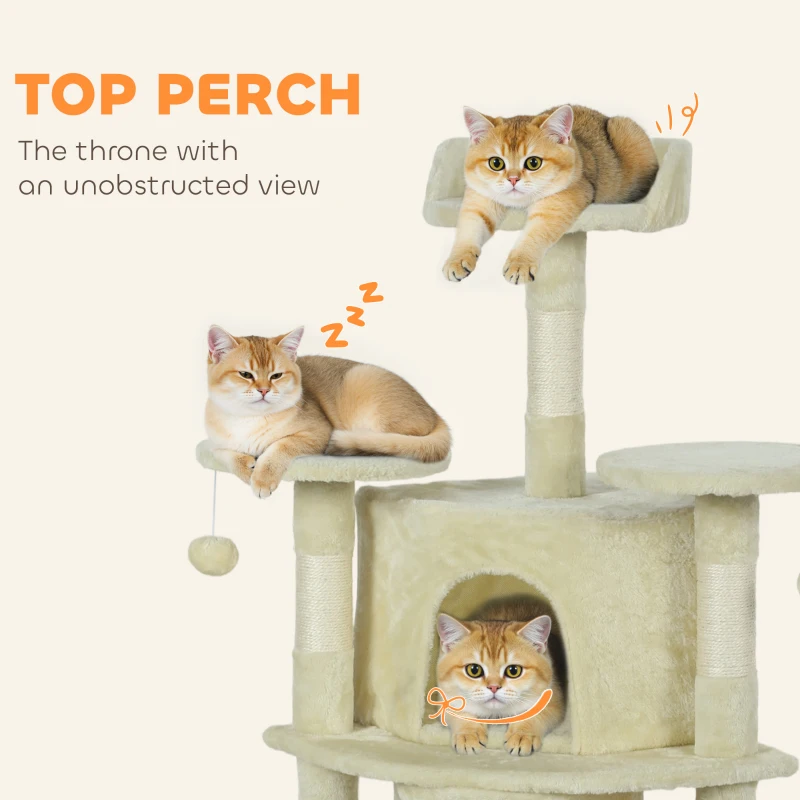 PawHut 62" Cat Tree with Scratching Post, 2 Condos, Hammock, Perches, Plush, Pompoms, for Indoor Cats, Beige