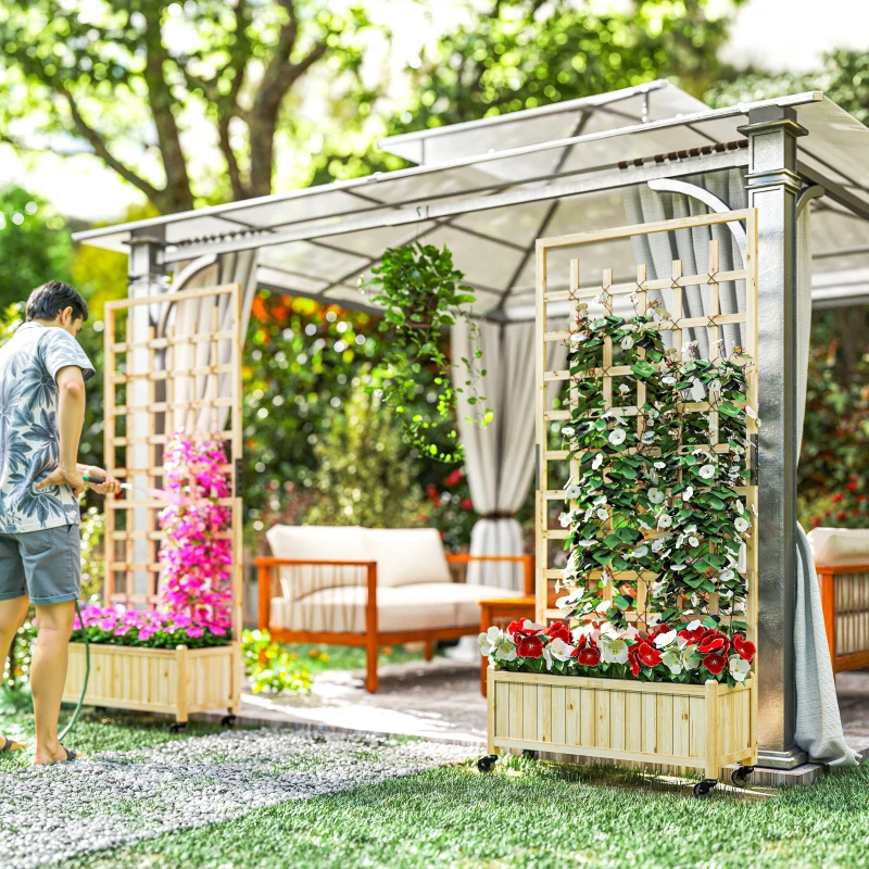 Outsunny Wooden Planter with Trellis, Raised Garden Bed with Wheels, Drainage Holes for Climbing Plants, Flowers, Nature Wood