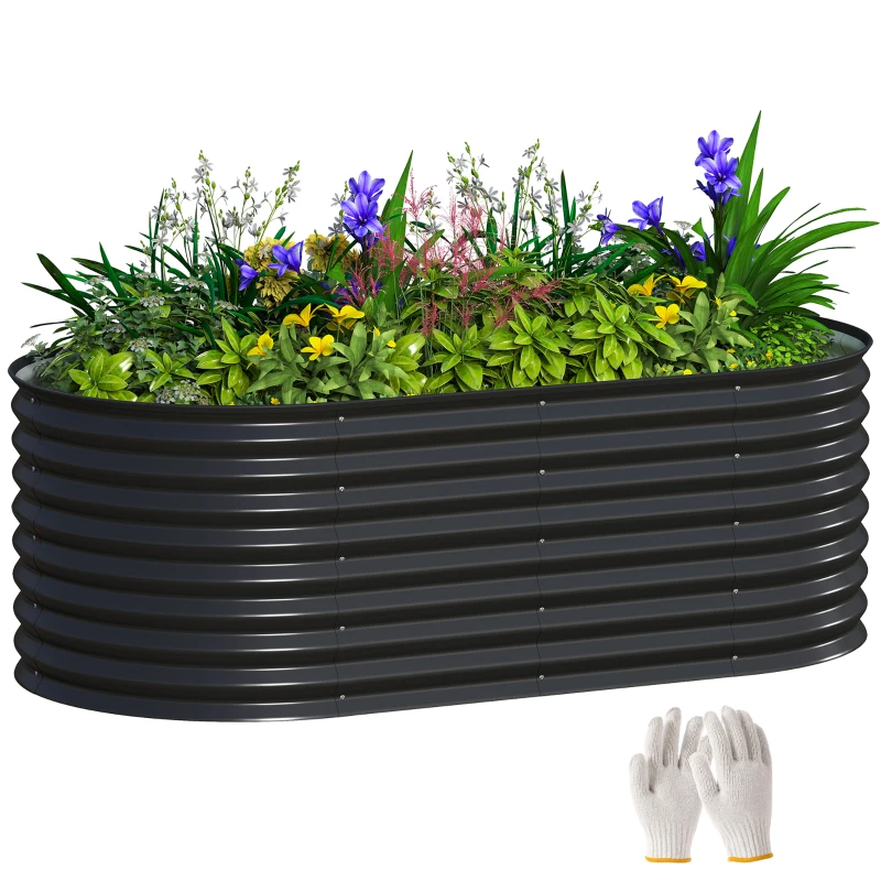 Outsunny 5 x 2.5 x 2 ft Galvanized Raised Garden Bed, Easy DIY Oval Planter Box with Safety Edging and Gloves, Black