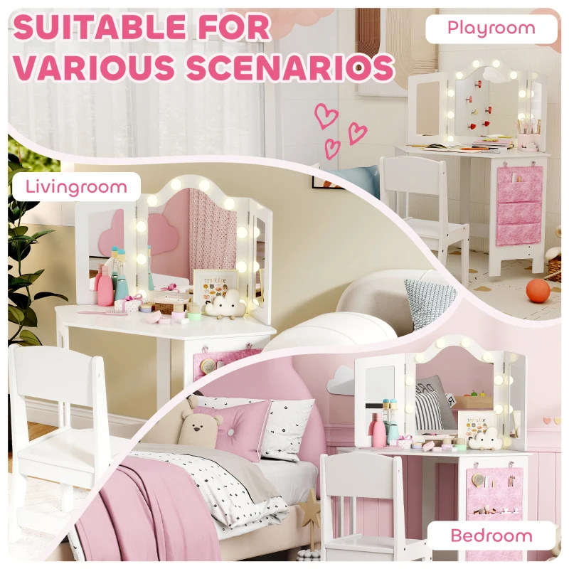 Qaba Kids Vanity Table and Chair Set with Lights, Makeup Dressing Table with Tri-Fold Mirror for Ages 3-8 Years, White