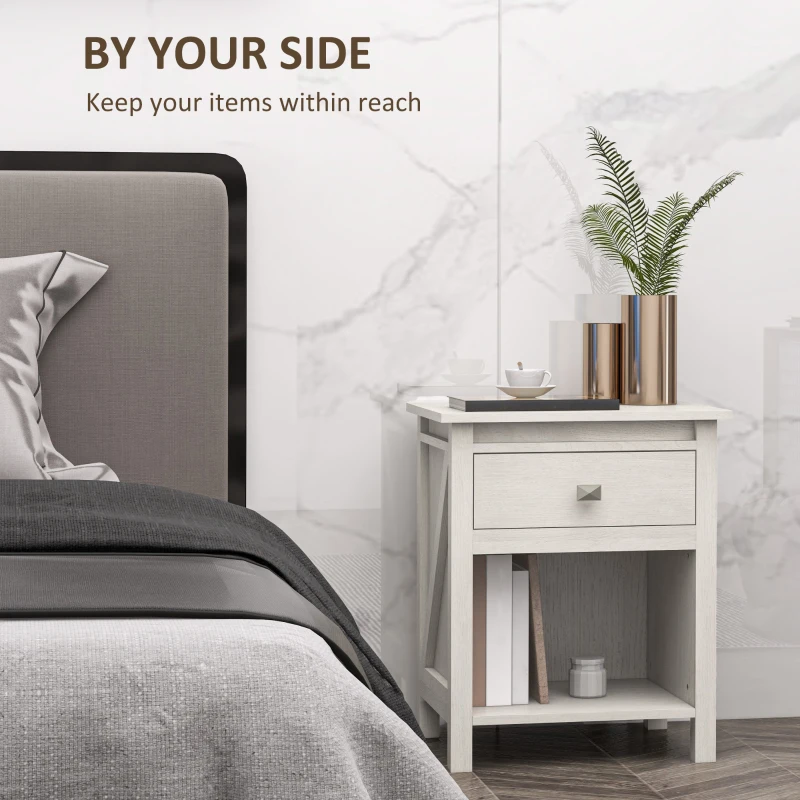 HOMCOM Bedside Table, Farmhouse Nightstand with with Drawer and Storage Shelf, Night Table for Bedroom, White