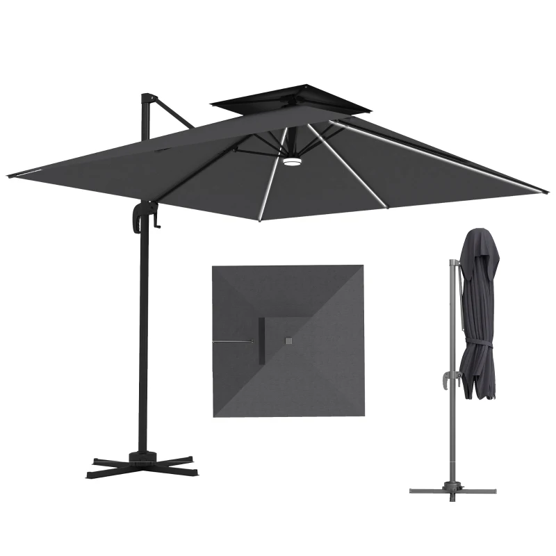 Outsunny 8' Cantilever Patio Umbrella with LED Lights, 360°Rotation, Tilt & Height Adjustment, Crank, Cross Base, Dark Grey