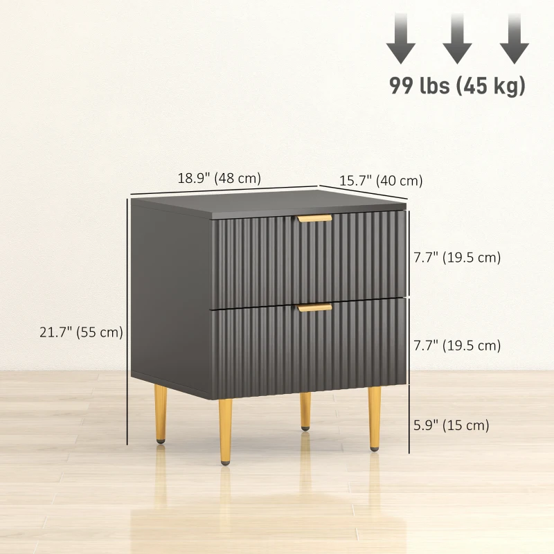 HOMCOM Bedside Table Set of 2, Modern Nightstand with 2 Drawers, Side End Table with Metal Legs for Living Room, Bedroom, Black