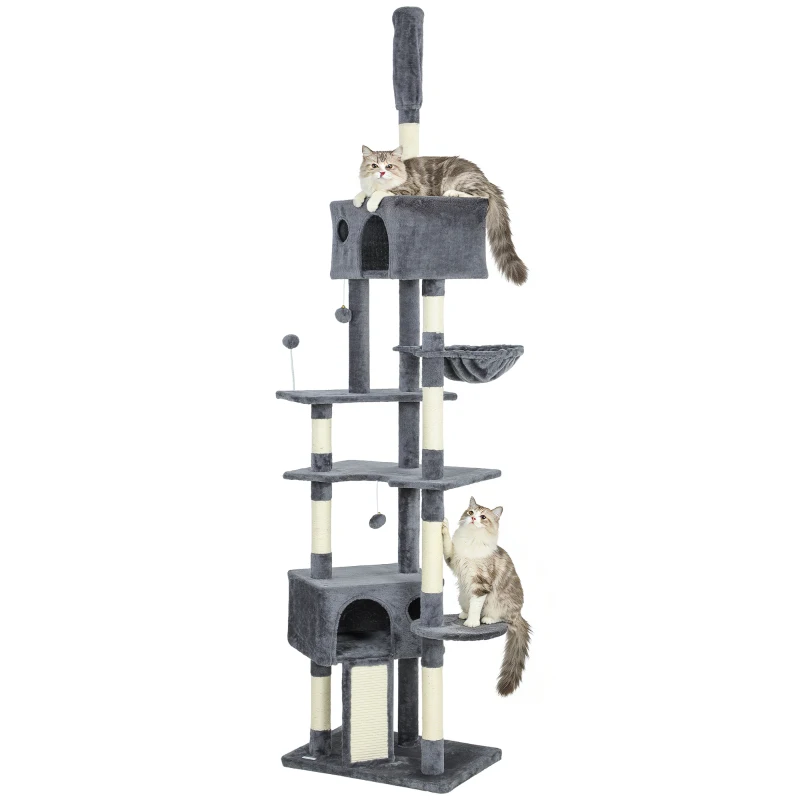 PawHut 230-250cm Floor to Ceiling Cat Tree with 2 Condos, Hammock and Sisal Scratching Posts, for Indoor, Dark Grey