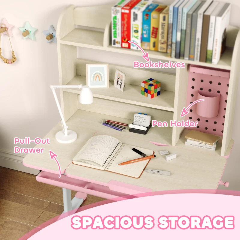 Qaba Kids Desk and Chair Set with Tilt Desktop, Adjustable Height, Drawer and Shelves for Boys Girls Ages 3-12, Pink