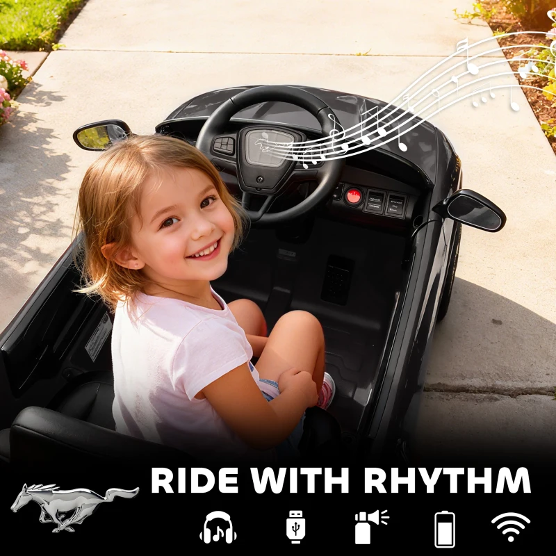 Qaba Ride On Car for Kids, Licensed Ford Mustang Mach-E 12V Electric Car with Remote Control, LED Light, Music, Black