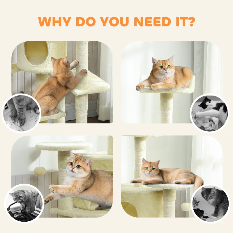 PawHut 62" Cat Tree with Scratching Post, 2 Condos, Hammock, Perches, Plush, Pompoms, for Indoor Cats, Beige