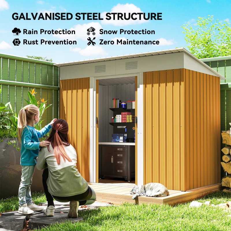Outsunny 7' x 4' Outdoor Storage Shed, Metal Garden Tool Storage House Organizer with Lockable Sliding Doors and Vents for Backyard Patio Lawn, Yellow