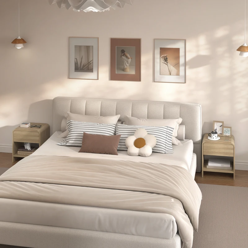 HOMCOM Nightstand Set of 2, Modern Bedside Table with Rounded Corners, Nightstand with Drawer and Open Shelf, Natural Wood