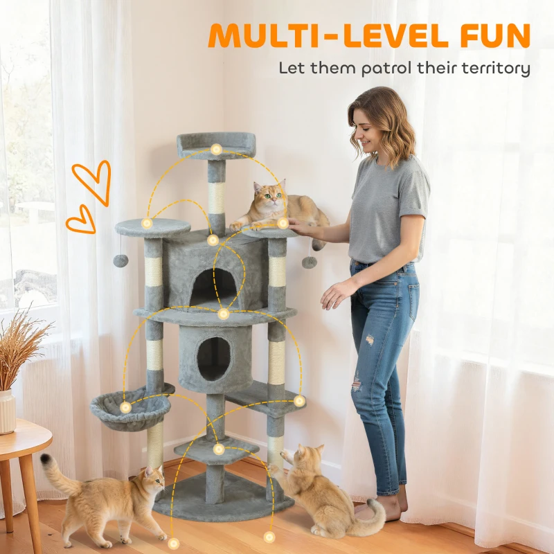 PawHut 62" Cat Tree with Scratching Post, 2 Condos, Hammock, Perches, Plush, Pompoms, for Indoor Cats, Light Grey